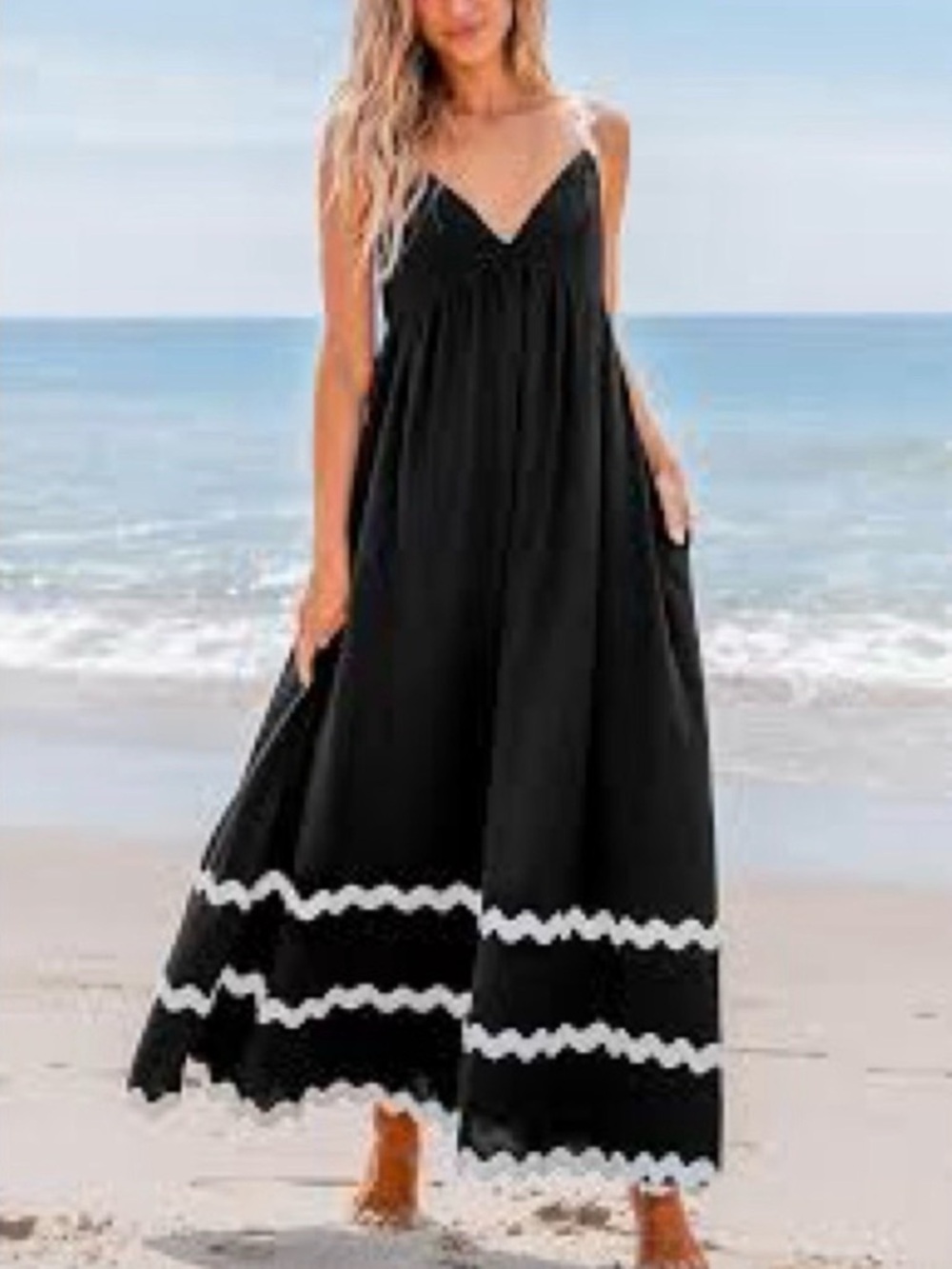 Cupshe NWT Black White Ric Rac Maxi Dress Size Large Beach Vacation